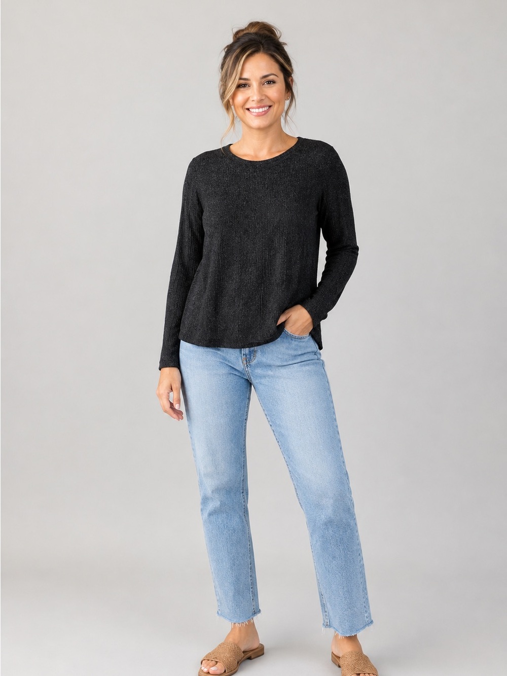 Old Navy Dark Charcoal Grey Ribbed Long-Sleeve Top
